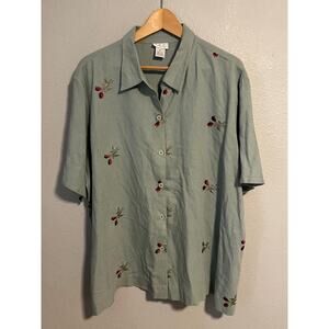 Vintage ISC Top Womens 2X Green Floral Embroidered Linen Blend Cottagecore 90s